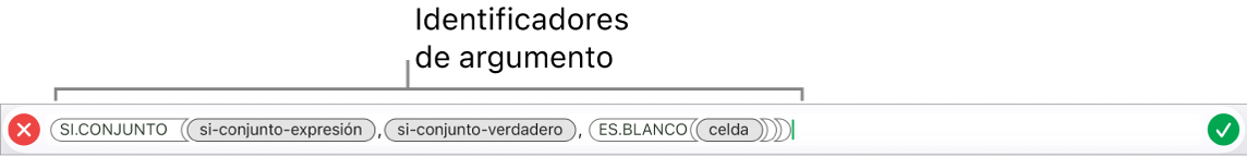 El editor de fórmulas con una función e identificadores de argumentos.