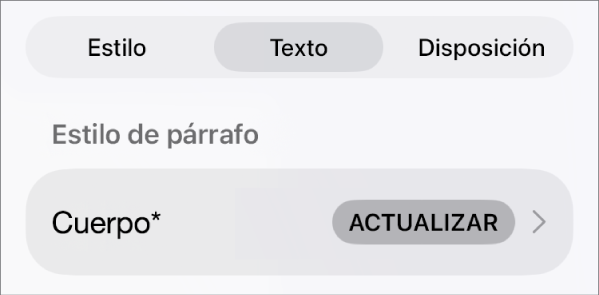 Un estilo de párrafo con un asterisco junto a él y un botón Actualizar a la derecha.