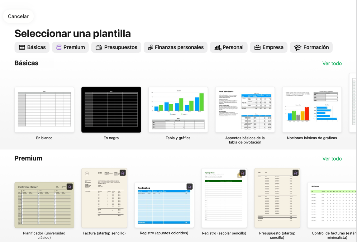 El selector de plantilla, mostrando una fila de categorías a lo largo de la parte superior en la que puedes tocar para filtrar las opciones. Debajo aparecen miniaturas de plantillas prediseñadas organizadas en filas por categorías, empezando por Básicas en la parte superior y seguida por “Finanzas personales”, Personal, Empresa y Formación. Por encima y a la derecha de cada fila de categoría aparece un botón “Ver todo”. El botón Cancelar se encuentra en la esquina superior derecha.
