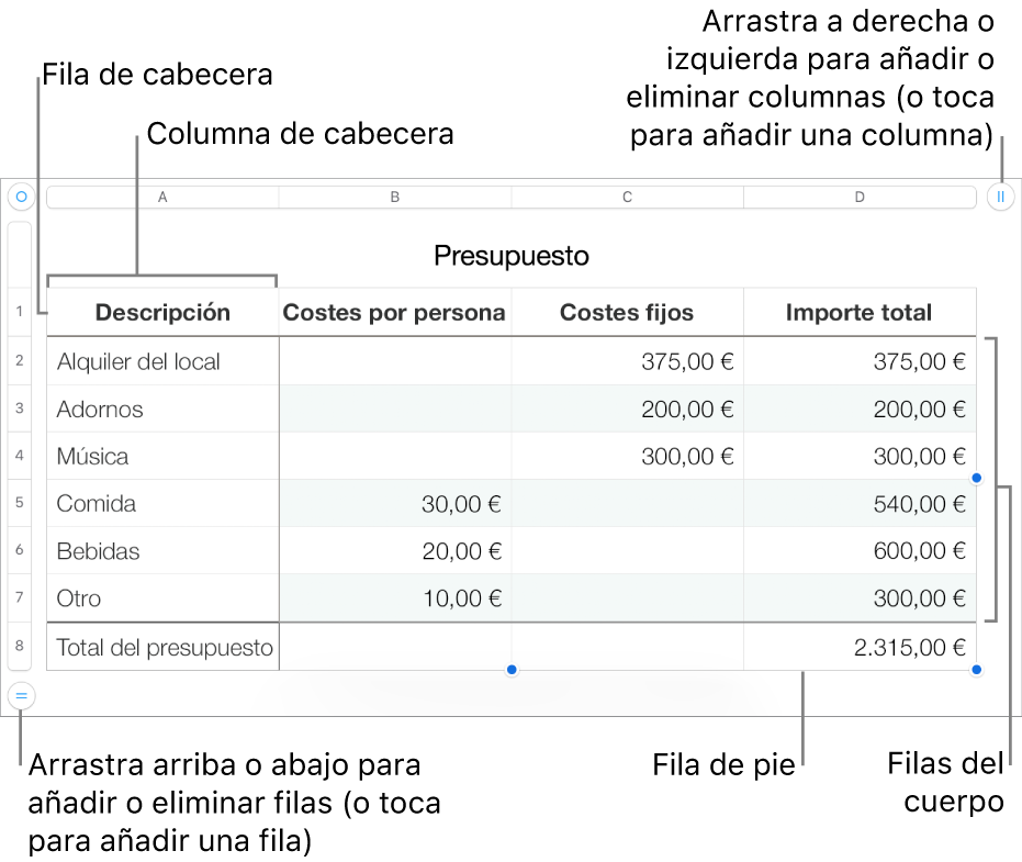 Tabla con filas y columnas de cabecera, cuerpo y pie de página, así como tiradores para añadir o eliminar filas o columnas.