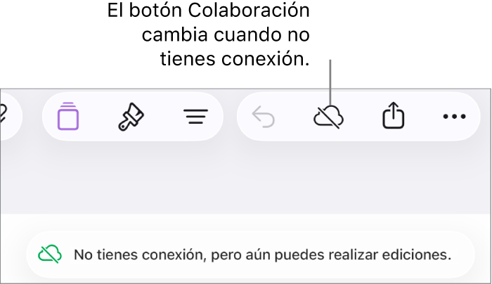 Los botones de la parte superior de la pantalla, con el botón Colaboración cambiado a una nube con una línea diagonal que la atraviesa. Un aviso en la pantalla dice “No tienes conexión, pero aún puedes realizar ediciones”.