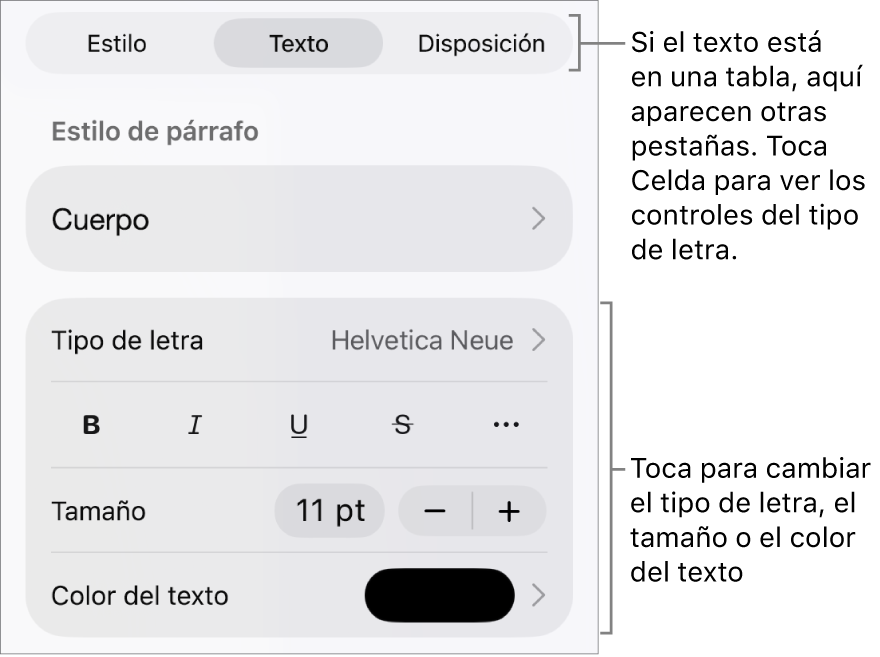 Controles de texto en el menú Formato para configurar los estilos de párrafo y carácter, tipo de letra, tamaño y color.
