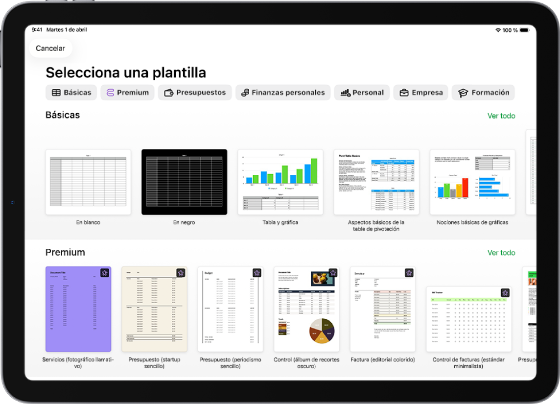 El selector de plantilla, mostrando una fila de categorías a lo largo de la parte superior en la que puedes tocar para filtrar las opciones. Debajo aparecen miniaturas de plantillas prediseñadas organizadas en filas por categorías, empezando por Recientes en la parte superior y seguida por Básicas y “Finanzas personales”. Por encima y a la derecha de cada fila de categoría aparece un botón “Ver todo”. El botón “Idioma y región” se encuentra en la esquina superior derecha.