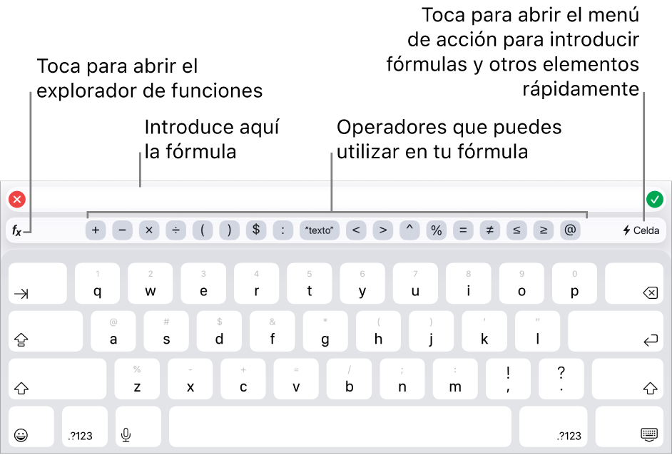 El teclado de fórmulas, con el editor de fórmulas en la parte superior y los operadores que se utilizan en las fórmulas debajo. El botón Funciones para abrir el explorador de funciones se encuentra a la izquierda de los operadores, y el botón de menú Acción se encuentra a la derecha.