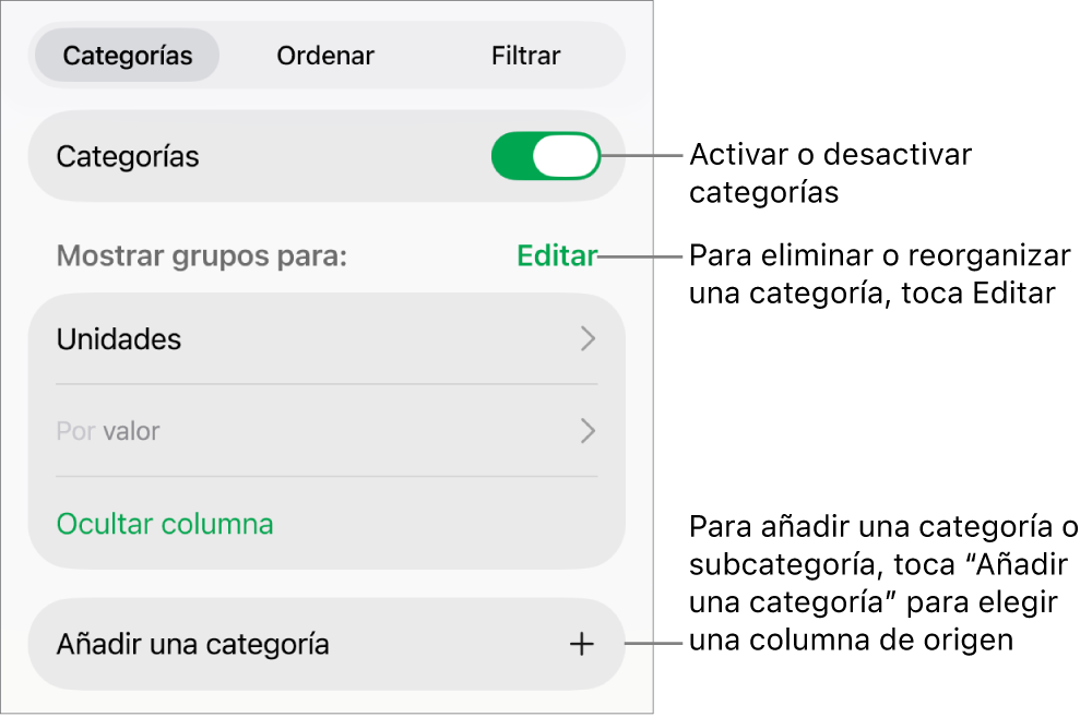 El menú Categorías para iPad con opciones para desactivar categorías, eliminar categorías, reagrupar datos, ocultar una columna de origen y añadir categorías.