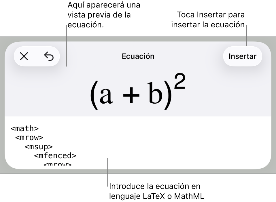 El diálogo Ecuación con una ecuación escrita con comandos de MathML y una previsualización de la fórmula encima.