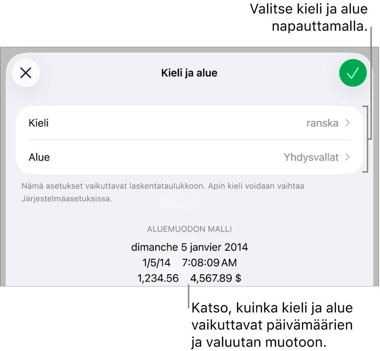 Kieli ja alue -osio, jossa näkyvät kielen ja alueen säätimet sekä muotoesimerkki mukaan lukien päivämäärä, aika, desimaali ja valuutta.