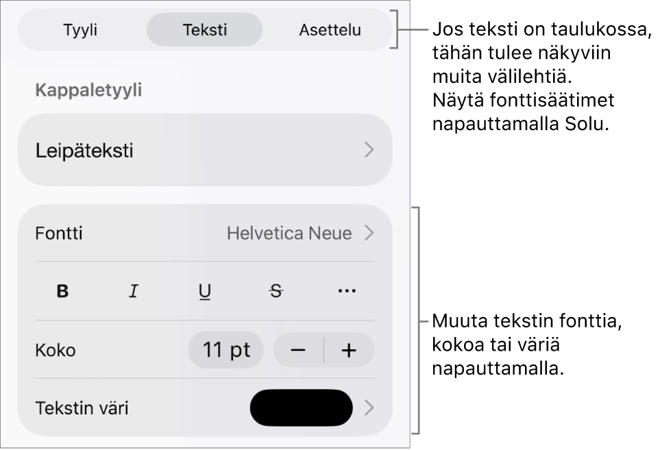 Muoto-valikon tekstisäätimet kappale- ja merkkityylien, fontin, koon ja värin valitsemista varten.