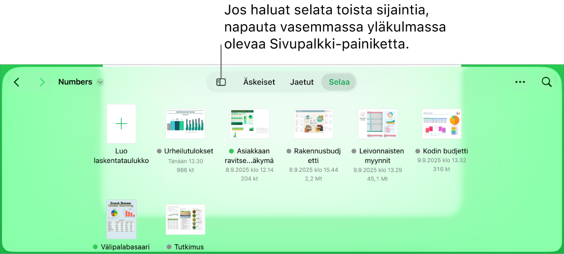 Dokumenttinäkymän selausnäkymä, jossa näkyy sijaintilinkki vasemmassa yläkulmassa ja hakukenttä sen alapuolella. Oikeassa yläkulmassa ovat Lisää laskentataulukko -painike, Uusi kansio -painike, luettelo- tai kuvakenäkymän ponnahdusvalikko, ponnahdusvalikko nimen, päivämäärän, koon, tyypin ja tunnisteen mukaan suodattamista varten sekä Valitse-painike. Näiden alapuolella ovat olemassa olevien laskentataulukoiden miniatyyrit.