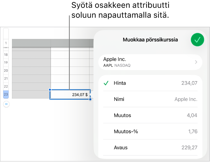 Pörssikurssi-ponnahdusikkuna, jonka yläreunassa näkyy osakkeen nimi ja sen alla luettelo valittavista osakkeen attribuuteista, kuten hinta, nimi, muutos, muutos-%, avaus ja ylin.