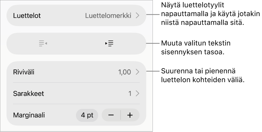 Muoto-säätimien Luettelot-osio, jossa on selitteet Luetteloihin, ulonnus- ja sisennyspainikkeisiin ja rivivälisäätimiin.