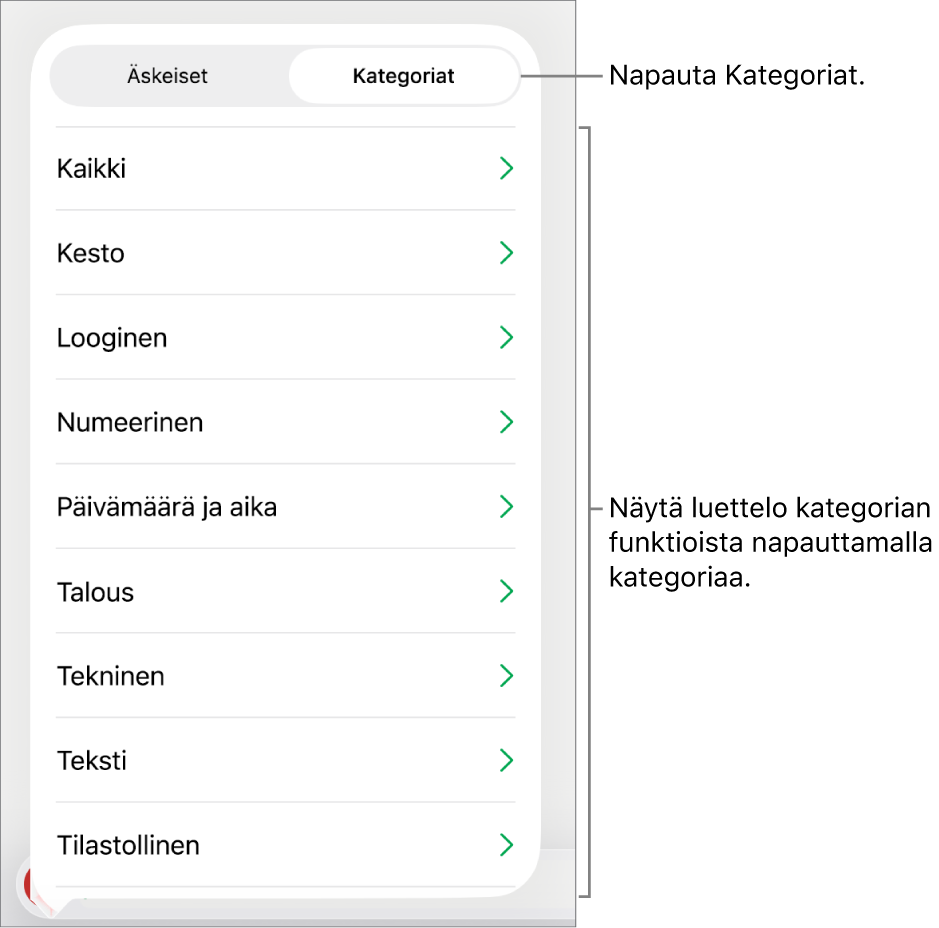 Funktioselain, jossa on valittuna Kategoriat-painike ja alla kategorialuettelo.