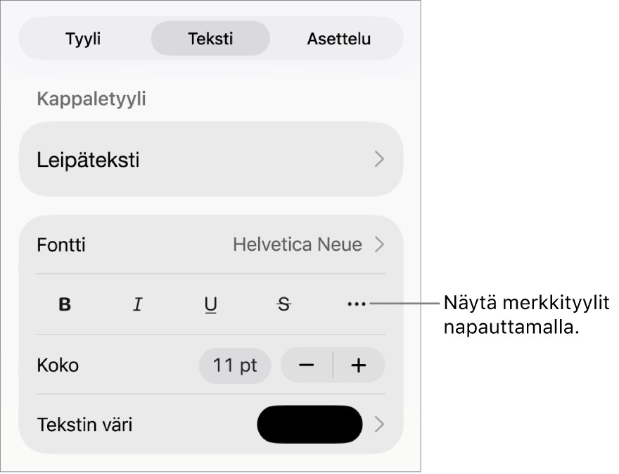 Muoto-säätimet, joiden yläreunassa on kappaletyylit, ja Fontti-säätimet. Fontin alla on seuraavat painikkeet: Lihavointi, Kursivointi, Alleviivaus, Yliviivaus ja Lisää tekstivalintoja.