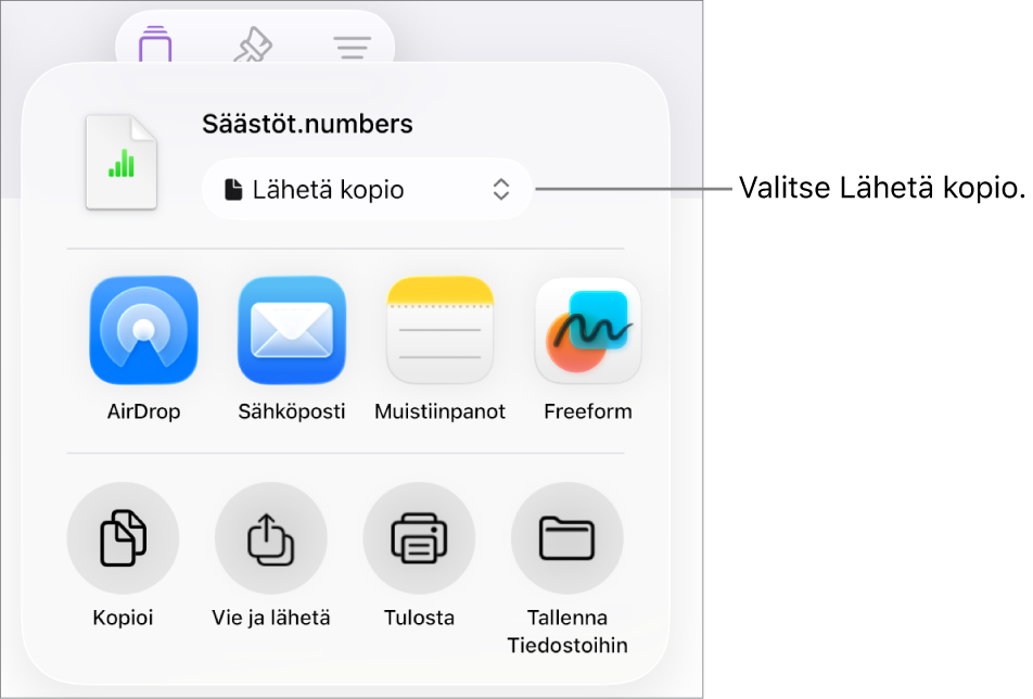Jaa-valikko, jossa on ylhäällä valittuna Lähetä kopio.