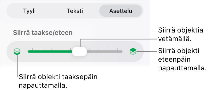 Siirrä taakse -painike, Siirrä eteen -painike ja kerrosliukusäädin.