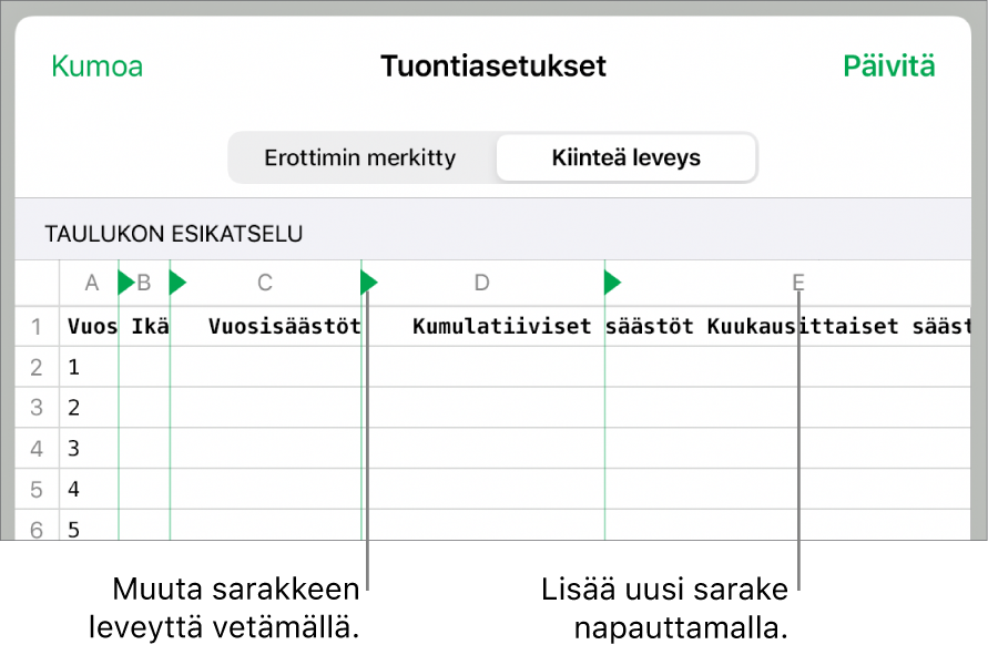 Kiinteän leveyden tekstitiedoston tuontiasetukset.