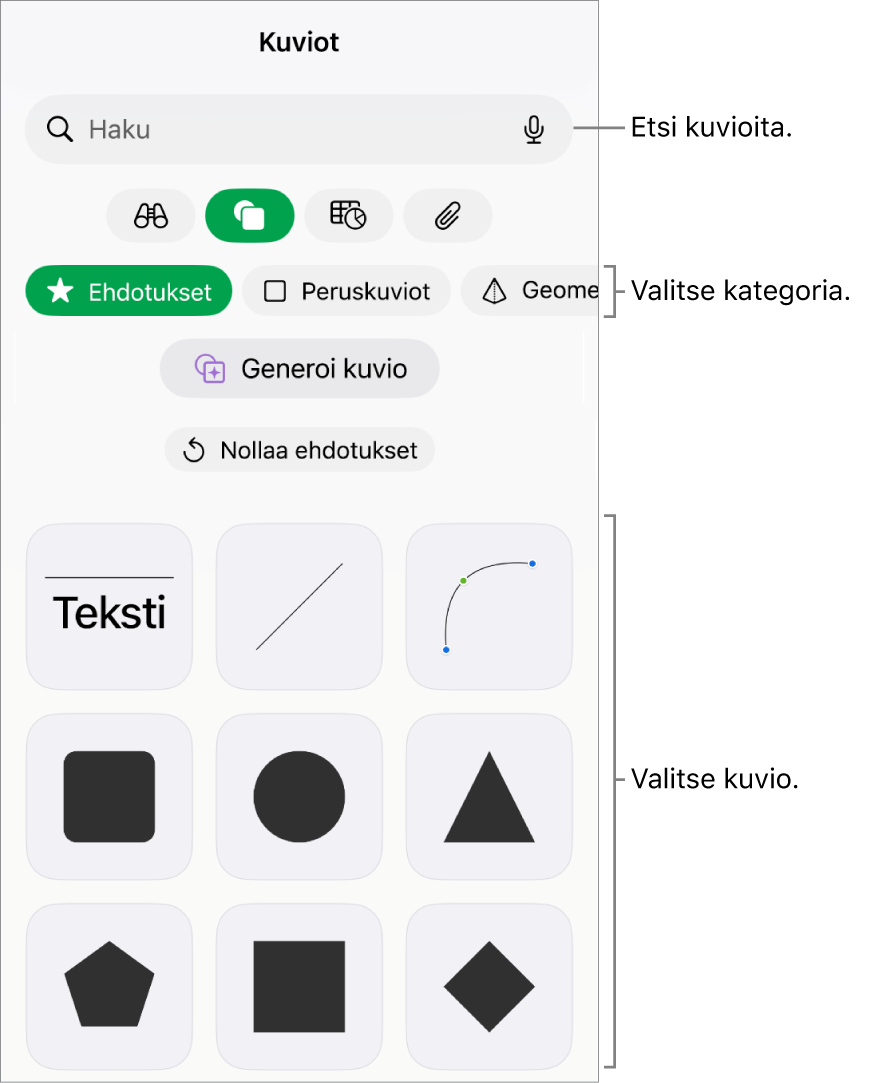 Kuviokirjasto, jossa näkyy yläreunassa kategorioita ja alla kuvioita. Voit etsiä kuvioita yläreunassa olevan hakukentän avulla ja näyttää niitä lisää pyyhkäisemällä.