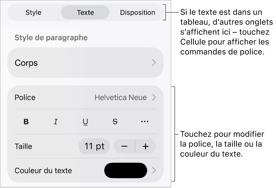 Commandes de texte du menu de format permettant de définir les styles, la police, la taille et la couleur des paragraphes et des caractères.