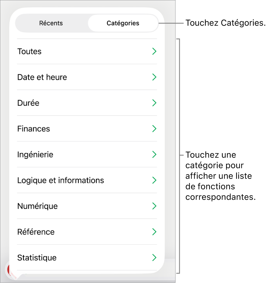 Navigateur des fonctions avec le bouton Catégories sélectionné et la liste des catégories en dessous.