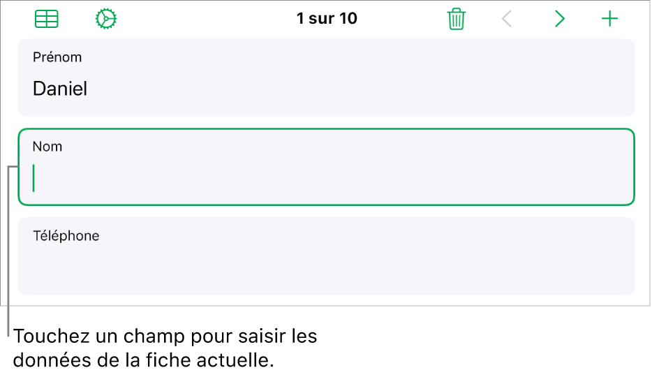 Une fiche dans un formulaire affichant un champ actif avec un point d’insertion.
