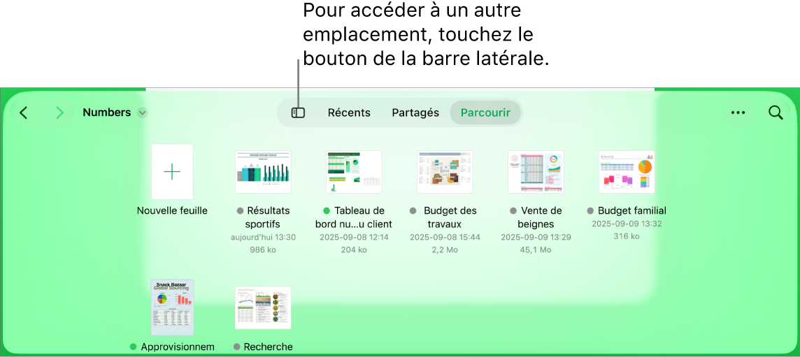 La présentation de navigation du gestionnaire de documents ainsi qu’un lien d’emplacement se trouvent dans le coin supérieur gauche, et un champ de recherche se trouve en dessous. Dans le coin supérieur droit se trouvent les boutons Ajouter une feuille de calcul, Nouveau dossier, Sélectionner, ainsi qu’un menu contextuel pour utiliser la présentation par liste ou par icône, ou pour filtrer par nom, date, taille, type et étiquette. En dessous se trouvent les vignettes des feuilles de calcul existantes.