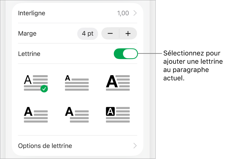 Les commandes Lettrine situées dans le menu Texte.