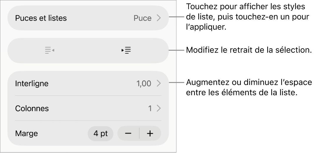 La section Puces et listes des commandes Format avec des légendes indiquant le menu Puces et listes, les boutons de retrait ou de suppression du retrait, et les commandes d’interligne.