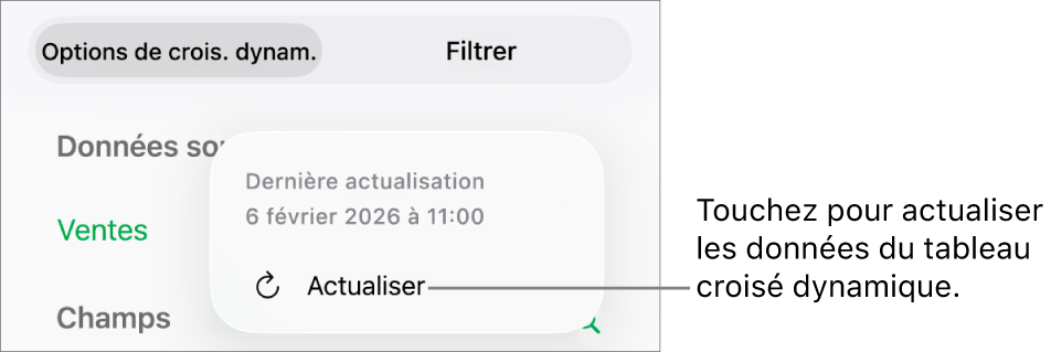 Le menu Options de croisement dynamique affichant l’option d’actualisation du tableau croisé dynamique.