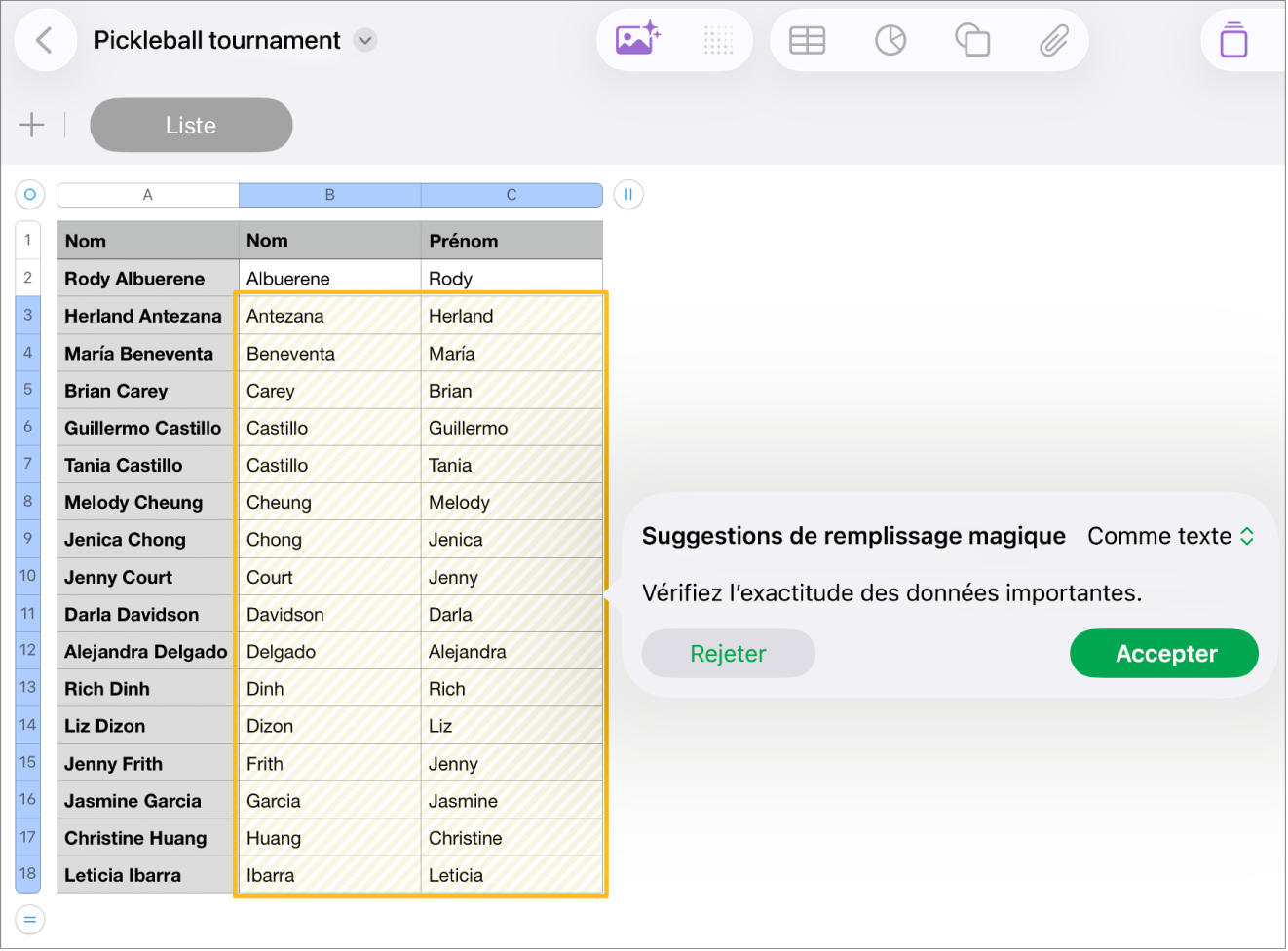 Une feuille de calcul qui contient des noms surlignés et un menu contextuel « Suggestions de remplissage magique » pour les accepter ou les rejeter.