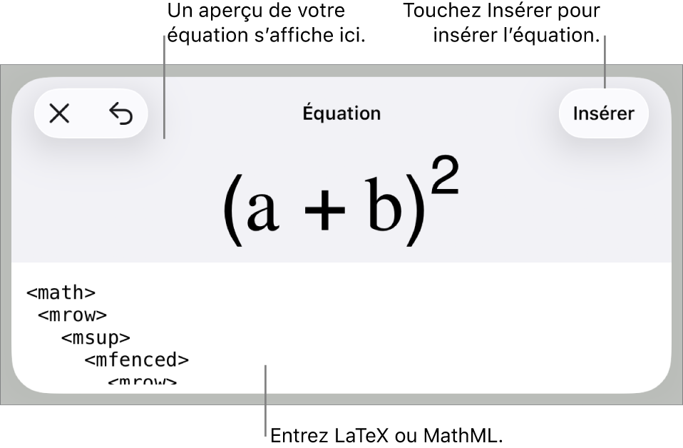 Zone de dialogue Équation, affichant une équation composée à l’aide des commandes MathML et aperçu de la formule au-dessus.