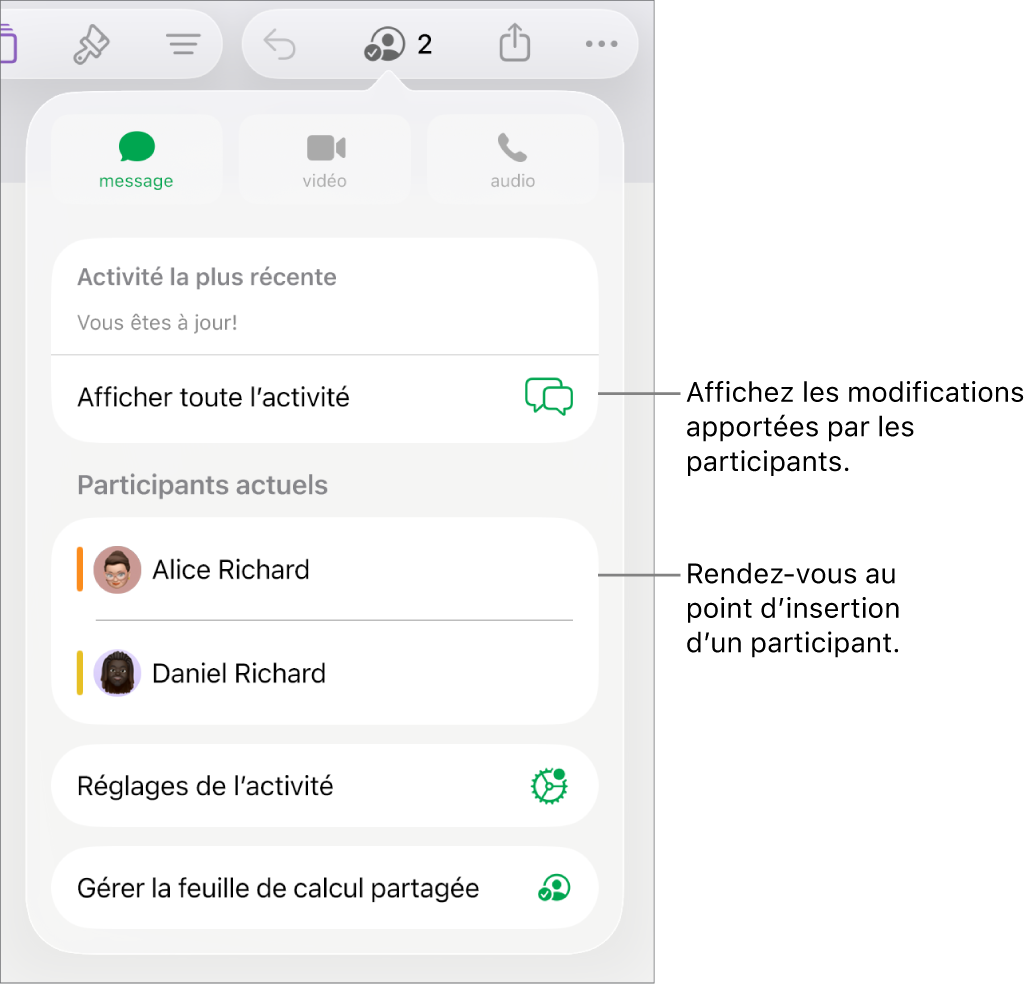 Le menu de collaboration avec la liste des participants actuels.