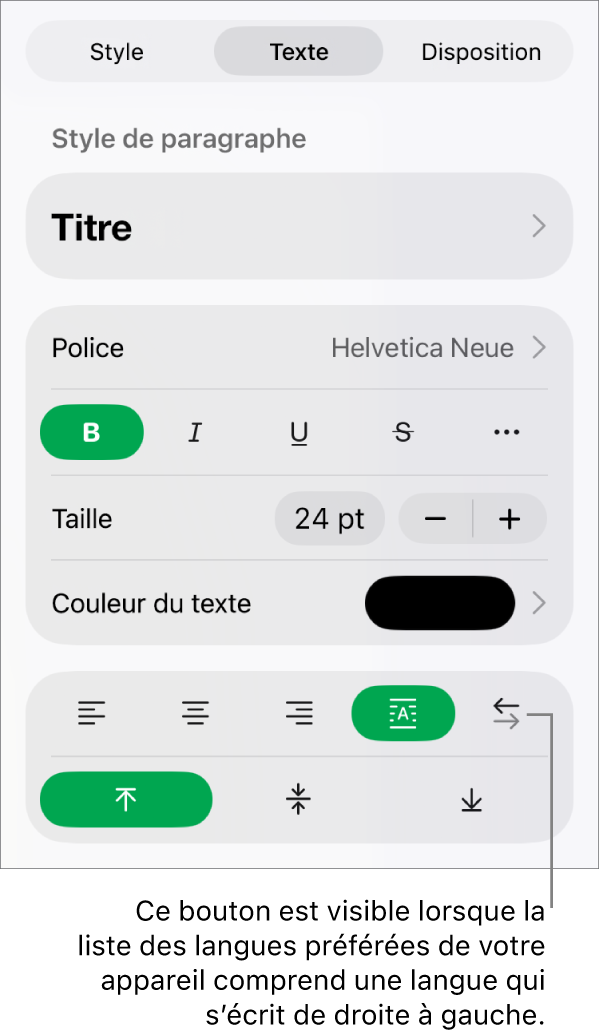 La section Texte du menu Format avec une légende pour le bouton De droite à gauche.
