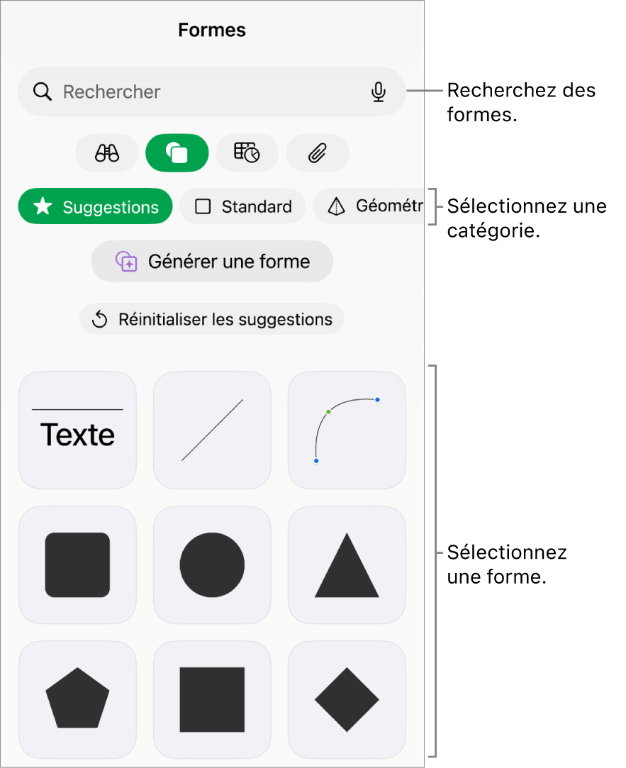 Bibliothèque de formes, les catégories étant affichées en haut et les formes, en bas. Vous pouvez utiliser le champ de recherche situé en haut pour rechercher des formes, et balayer l’écran pour en trouver d’autres.