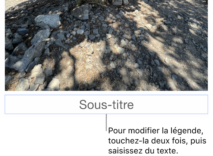 Le paramètre fictif de légende, « Légende », s’affiche sous une photo; un contour bleu autour du champ de légende indique qu’il est sélectionné.