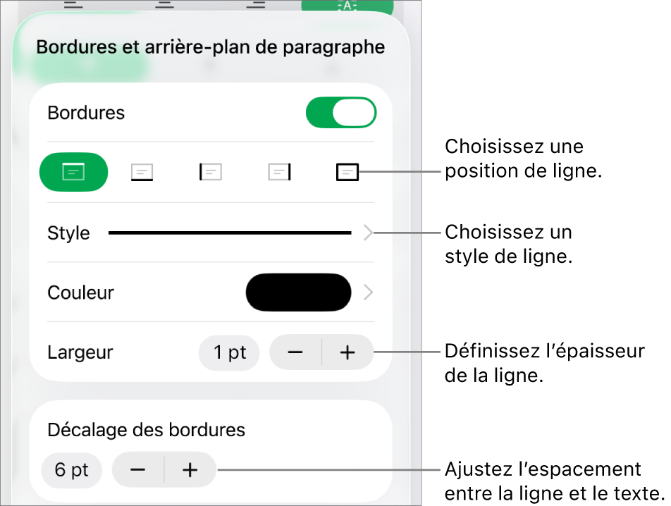 Commandes permettant de modifier le style, l’épaisseur, la position et la couleur de la ligne.