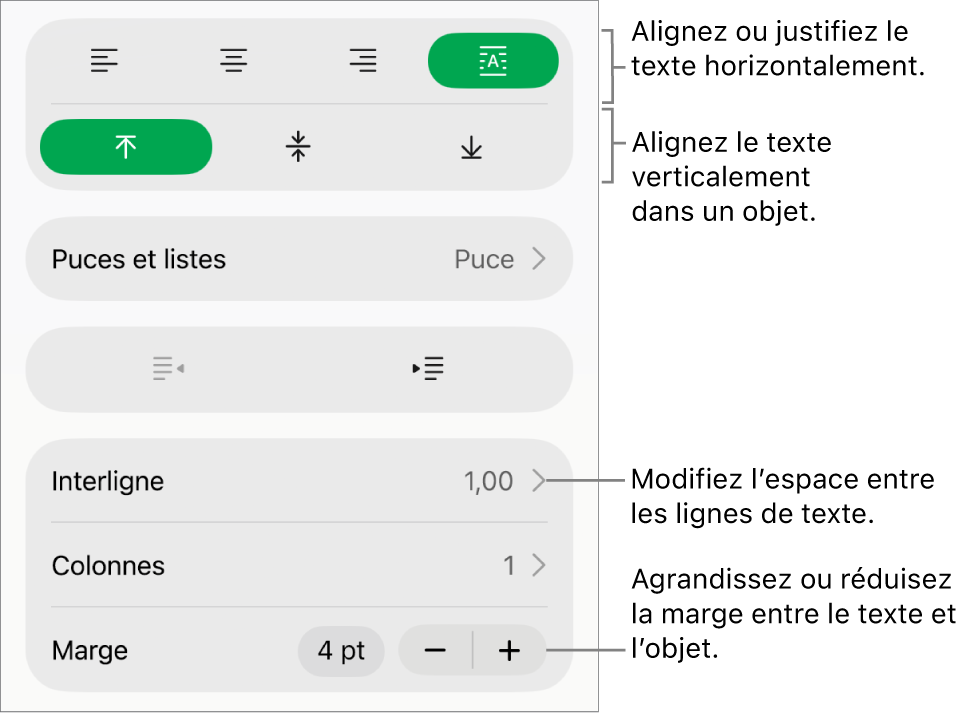 Section de mise en page de l’inspecteur de format avec les légendes des boutons d’alignement et d’espacement de texte.