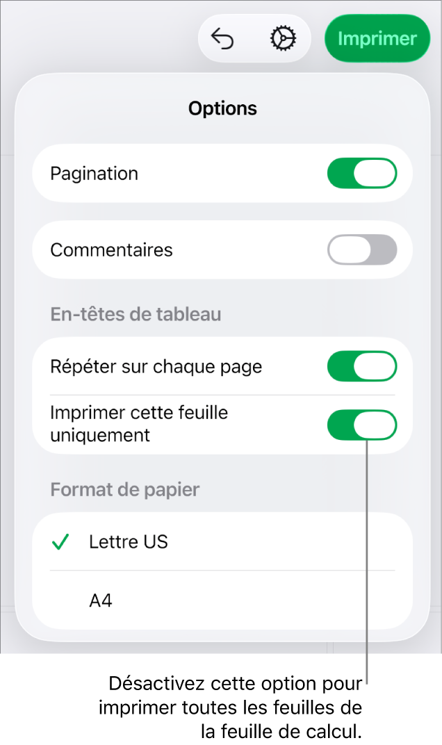 Sous-fenêtre Aperçu avant impression, avec des commandes permettant d’afficher les numéros de page, de répéter les en-têtes sur chaque page, de modifier le format du papier et de choisir d’imprimer toute la feuille de calcul ou uniquement la feuille actuelle.