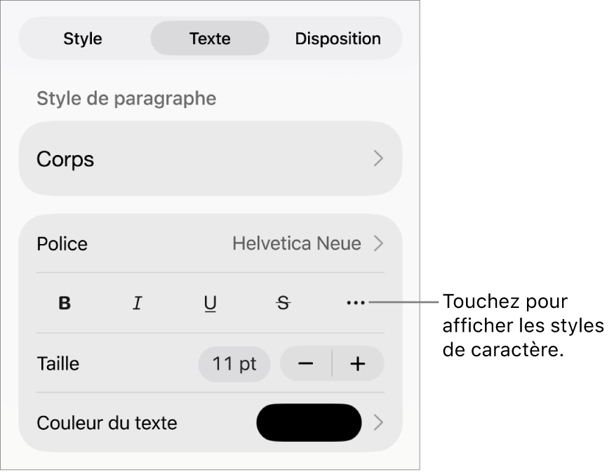 Les commandes de Format avec les styles de paragraphes en haut, puis les commandes de Police. Sous Police se trouvent les boutons Gras, Italique, Souligné, Barré et Plus d’options de texte.