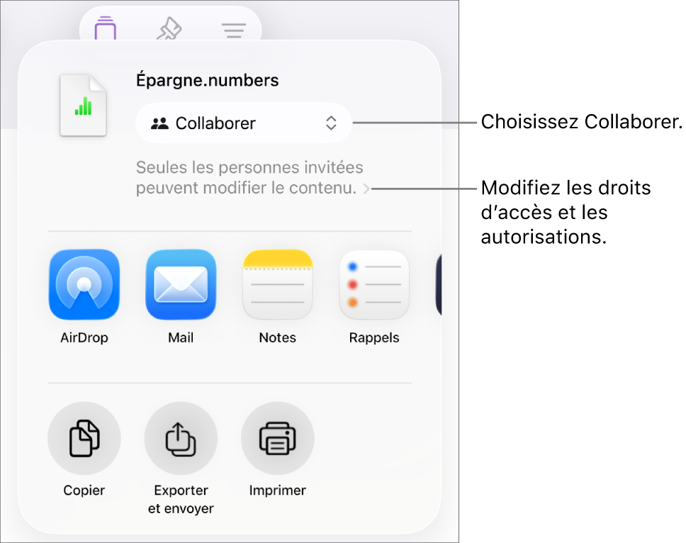 Le menu Partager avec l’option Collaborer sélectionnée dans le haut, au-dessus des réglages d’accès et d’autorisation.