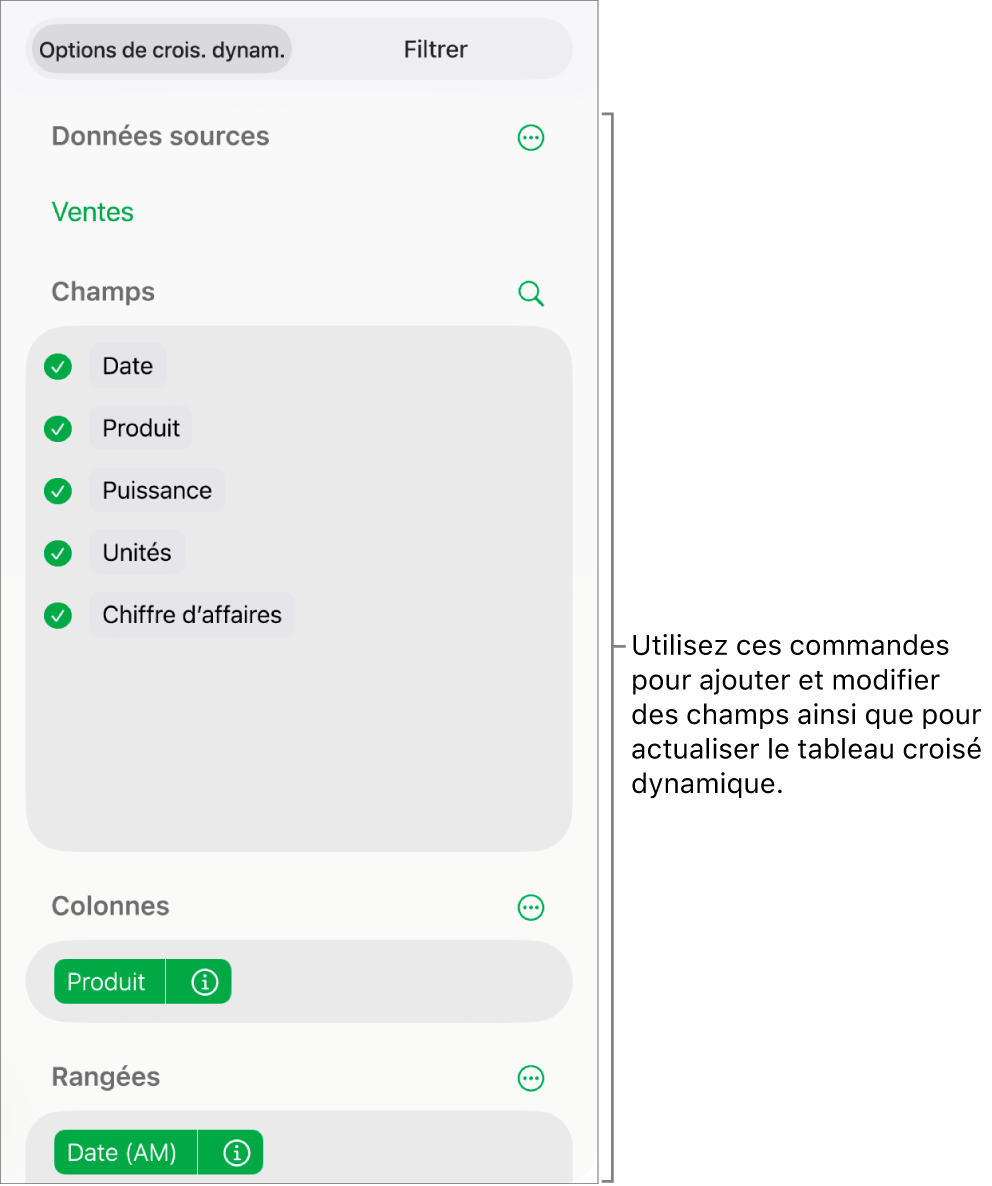 Menu Options de croisement dynamique avec des champs dans les sections Colonnes, Rangées et Valeurs, ainsi que des commandes pour modifier les champs.