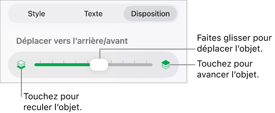Le bouton de déplacement vers l’arrière, le bouton de déplacement vers l’avant et le curseur de superposition.