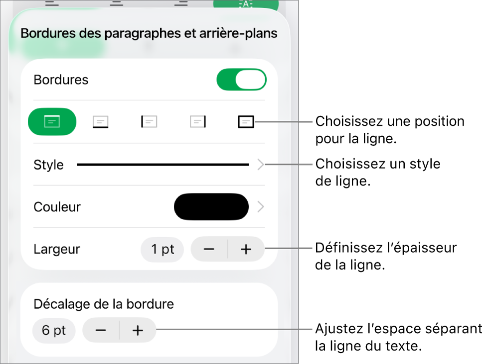 Commandes permettant de modifier le style, l’épaisseur, la position et la couleur de la ligne.