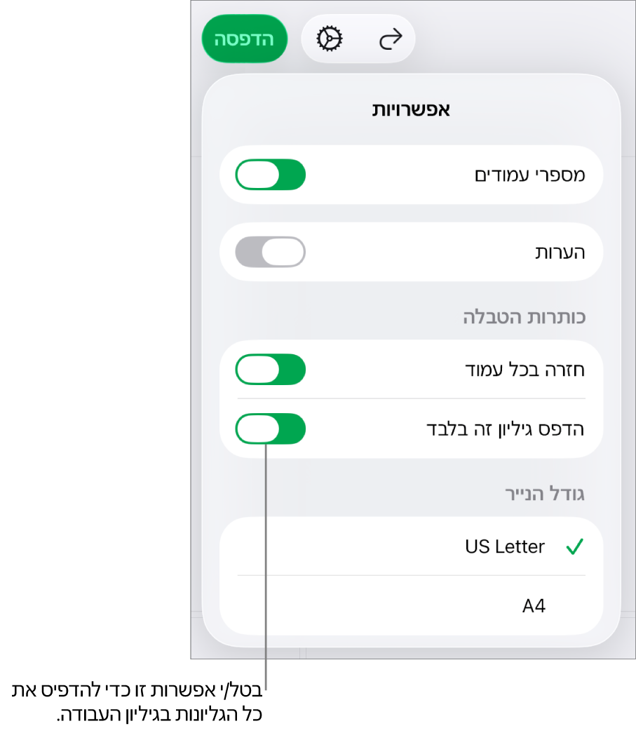 חלונית התצוגה המקדימה של הדפסה, עם כלי בקרה להצגת מספרי עמודים, לחזרה על כותרות עליונות בכל עמוד, לשינוי גודל הנייר ולבחירה אם להדפיס את כל גיליון העבודה או רק את הגיליון הנוכחי.