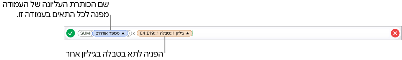עורך הנוסחאות מציג נוסחה המפנה לעמודה בטבלה אחת ולתא בטבלה אחרת.