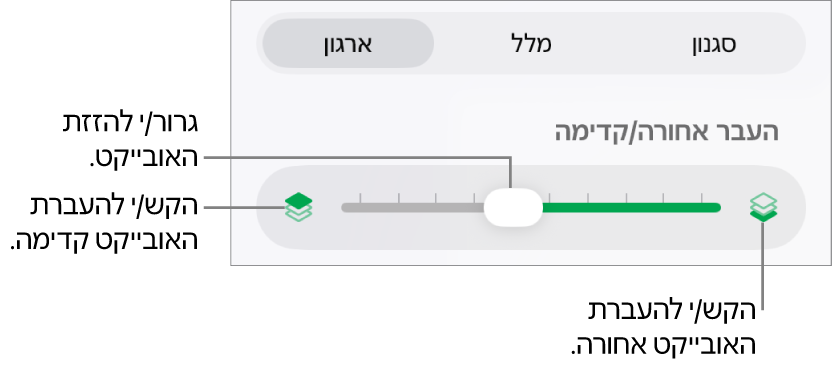 הכפתור ״העבר אחורה״, הכפתור ״העבר קדימה״ והמחוון של סידור בשכבות