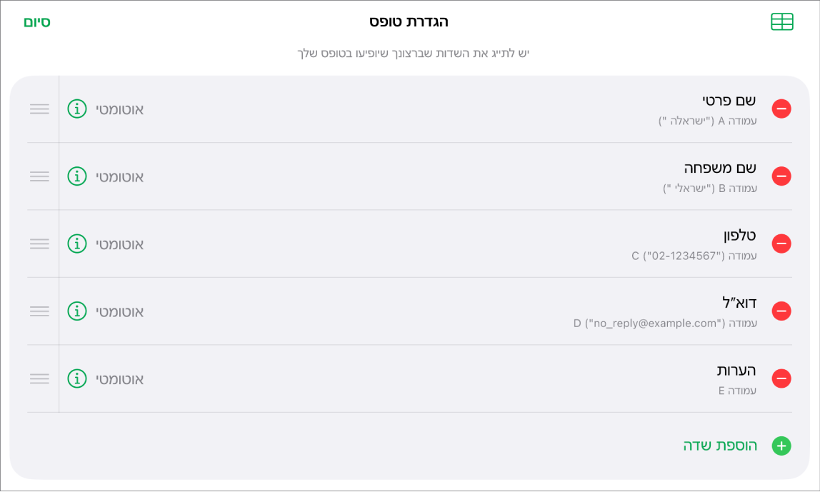 פקדי ״הגדרת טופס״ עם אפשרויות להוספה, עריכה, שינוי סדר ומחיקה של שדות ולשינוי המבנה של שדות (למשל מ״מלל״ ל״אחוזים״).