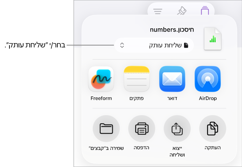 תפריט השיתוף כאשר האפשרות ״שלח/י עותק״ נבחרת בחלק העליון.