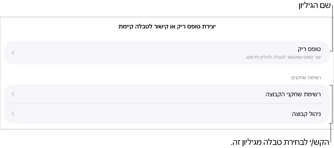 רשימת טבלאות שנמצאות באותו גיליון עבודה, עם אפשרות ליצור טופס ריק בחלק העליון.