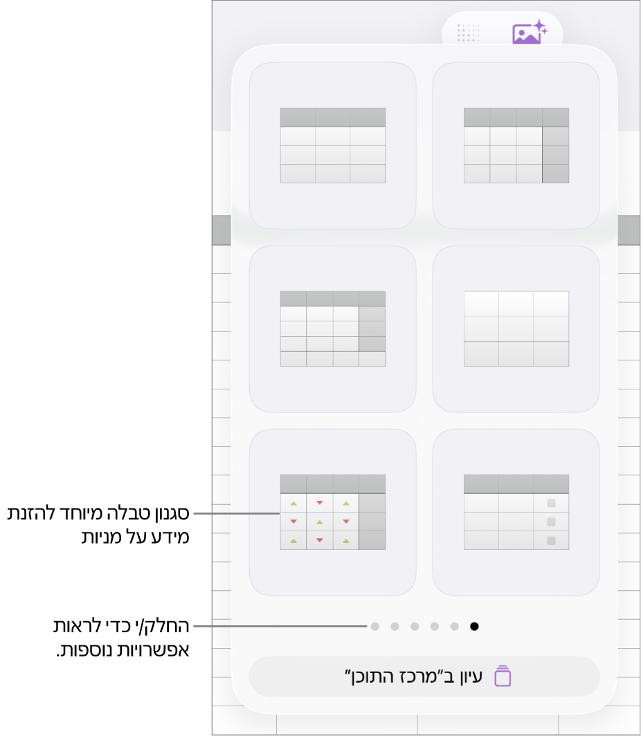 הפריט הקופצני של טבלה מציג תמונות ממוזערות של סגנונות טבלה עם סגנון מיוחד להזנת פרטי מניות בפינה הימנית התחתונה. שש הנקודות בתחתית מציינות שניתן להחליק כדי לראות סגנונות נוספים.