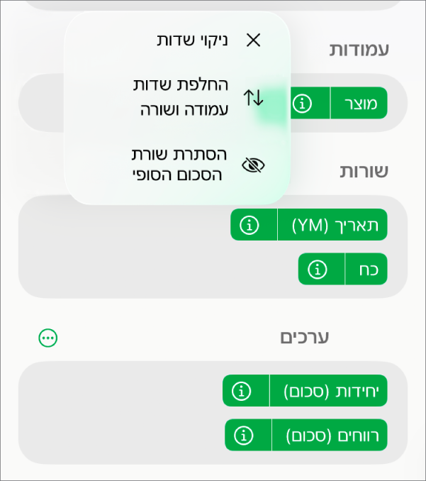 התפריט ״אפשרויות שדה נוספות״ שבו מוצגים הפקדים להסתרת הסכומים הסופיים, החלפה בין שדות העמודה והשורה וניקוי שדות.